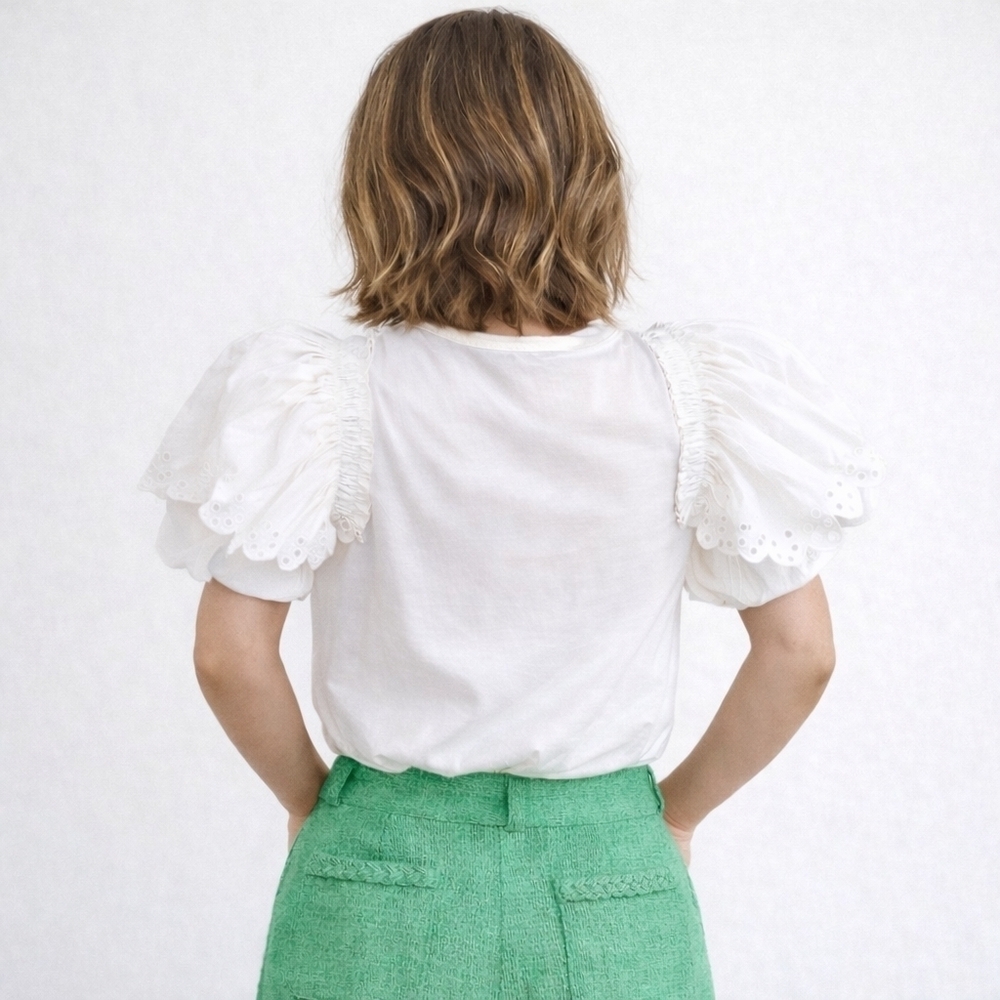 Oddi Sophia White Eyelet Puff Short Sleeve New Preppy Feminine Cotton Blouse - Picture 5 of 9
